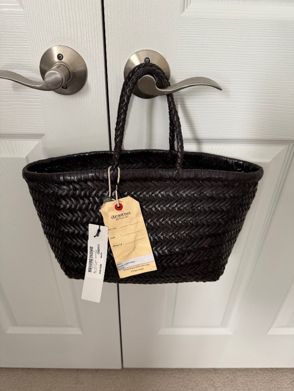 Dragon Diffusion handwoven black leather Triple Jump tote, size Small, NWT